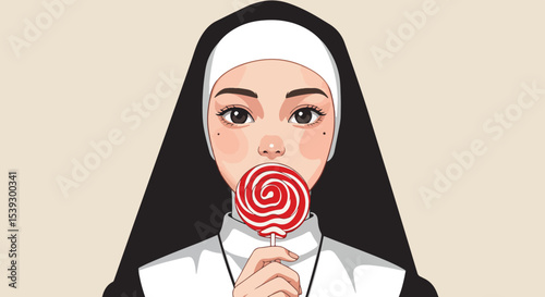 Cartoon woman with black headscarf licking red lollipop