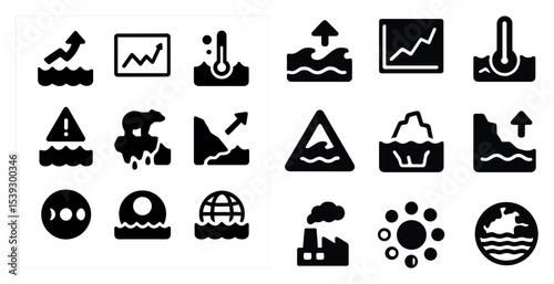 Climate change solid icons set – filled, environmental and global warming symbols