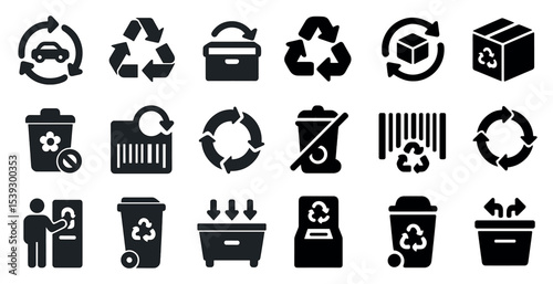 Recycling and waste management solid icons set – eco, environment, sustainability symbols