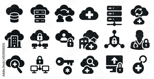 Cloud and security solid icons set – filled, data protection and tech symbols