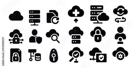 Cloud computing icons set – solid, filled, data storage and security symbols