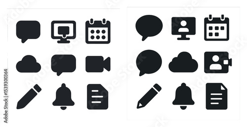 Communication and technology icons set – filled, solid, chat and digital tools