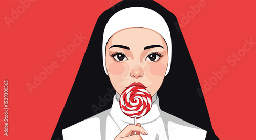 Stylized female nun holding a red and white lollipop against a red background