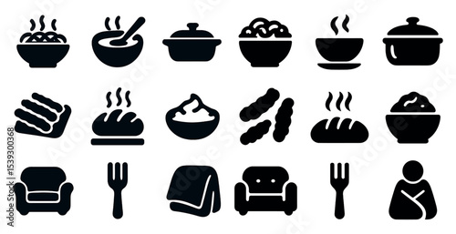 Cooking and kitchen solid icons set – filled, gourmet, culinary tools collection