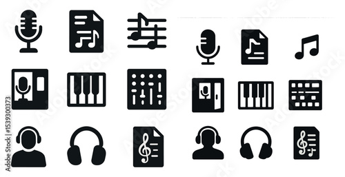 Music and audio solid icons set – silhouette, filled, sound and recording symbols