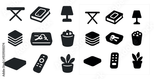 Home essentials solid icons set – filled, silhouette, interior design elements