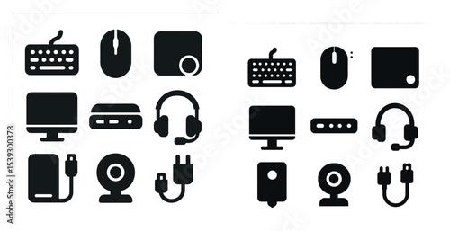 Gadget and office solid icons set – silhouette, tech, electronic design elements