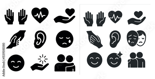 Mental health and support icons set – solid, filled, empathy and wellness symbols
