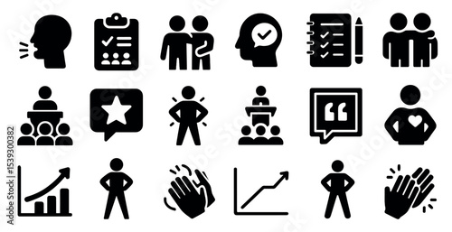 Communication and teamwork filled icons set – solid, collaboration, business symbols