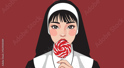 Cartoon nun with black hair and white headband holding a red and white striped lollipop