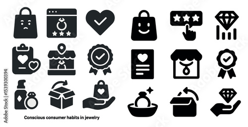 Conscious consumer habits solid icons set – filled, shopping, eco-friendly symbols