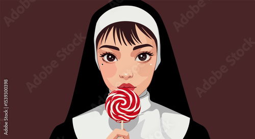Young woman in traditional nun's habit holding red and white striped lollipop