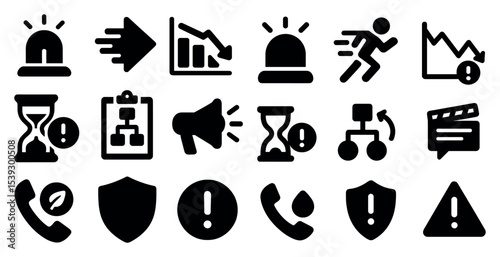 Emergency alert and warning icons set – solid, filled, urgent communication symbols