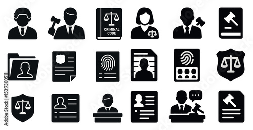 Law and justice solid icons set – legal, judicial, court symbols