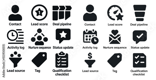 Business management solid icons set – silhouette, flat, workflow and crm symbols