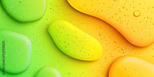 Abstract shapes with vibrant green and orange gradients, covered in water droplets, create a smooth dynamic effect.  