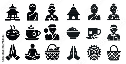 Cultural and tradition solid icons set – silhouette, filled, heritage symbols