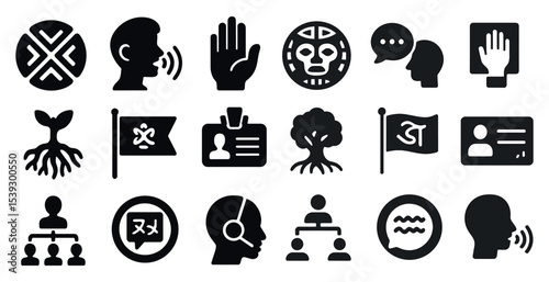 Communication and language solid icons set – voice, conversation, translation symbols