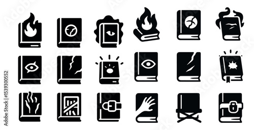 Mysterious books icons set – filled, silhouette, magical and mystic themes