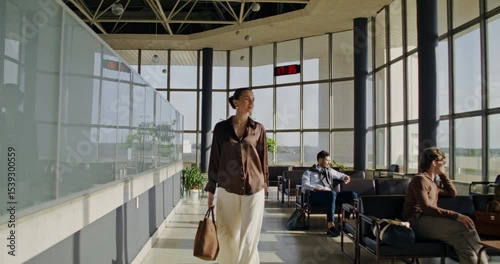 An elegant young woman walks through the lobby at the airport. People are waiting for a flight sitting in chairs