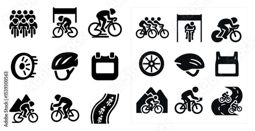 Cycling silhouette icons set – flat, solid, biking and bicycle design elements