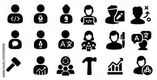 Business and creative solid icons set – filled, silhouette, professional symbols