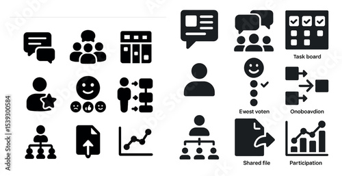 Business and teamwork solid icons set – flat, filled, collaboration and workflow designs