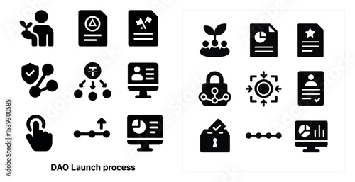Dao launch process solid icons set – filled, decentralized, blockchain symbols