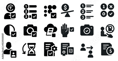 Business and management solid icons set – professional, filled, workflow symbols