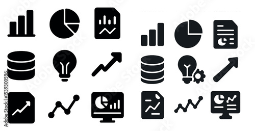 Data analytics solid icons set – filled, business, and statistical symbols