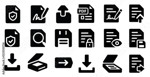 Document management solid icons set – upload, download, digital symbols