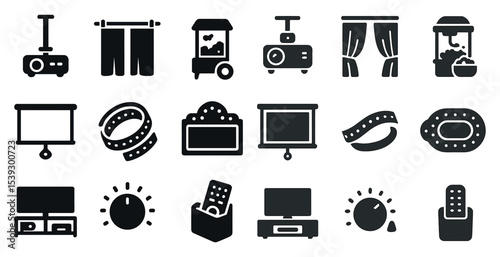 Home theater solid icons set – filled, entertainment, cinema symbols