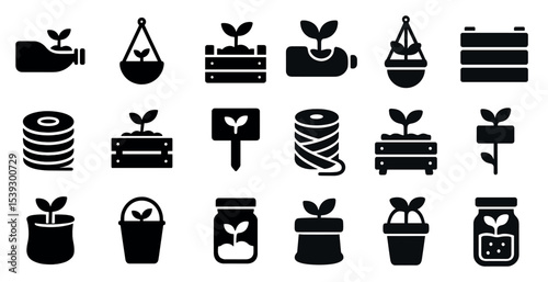 Gardening and nature silhouette icons set – plants, garden tools, eco symbols