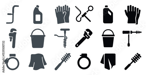 Home cleaning tools solid icons set – filled, household, sanitation symbols