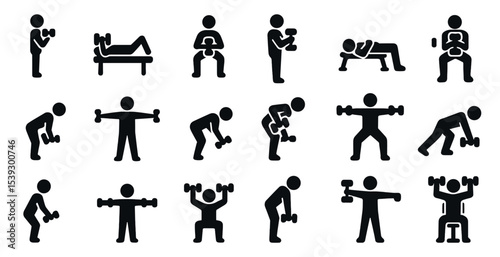 Fitness and exercise icons set – solid, silhouette, workout and gym symbols