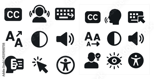 Accessibility and communication icons set – silhouette, filled, assistive technology symbols