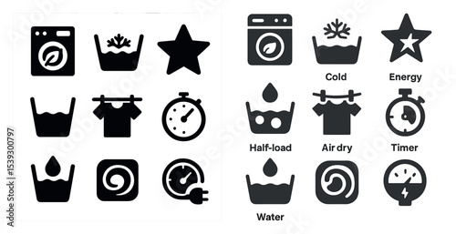 Laundry and cleaning silhouette icons set – washing, detergent, housekeeping symbols