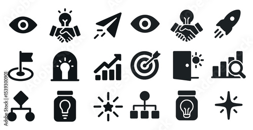 Business and growth solid icons set – filled, corporate and strategy symbols