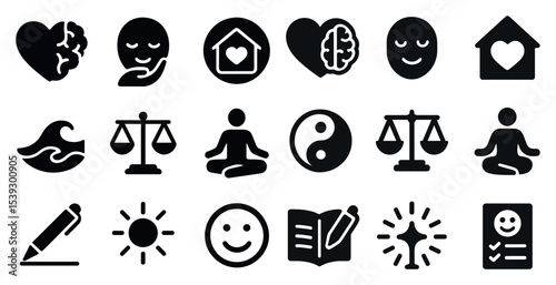 Mindfulness and wellness icons set – solid, filled, relaxation and meditation symbols