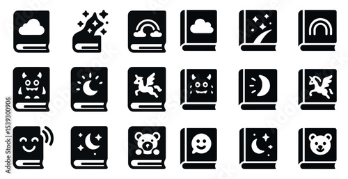 Children's story silhouette icons set – magical, fairy tales, bedtime symbols