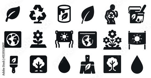Environmental silhouette icons set – solid, flat, eco and sustainability symbols