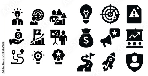 Business and marketing solid icons set – flat, filled, strategy and promotion symbols