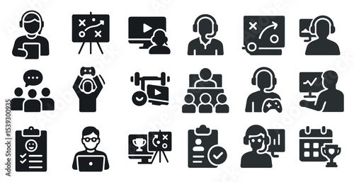 Business meeting and strategy icons set – flat, solid, teamwork and planning symbols