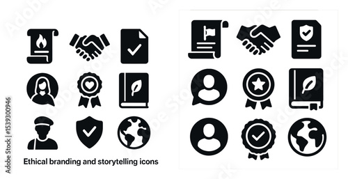 Ethical branding solid icons set – filled, silhouette, storytelling symbols