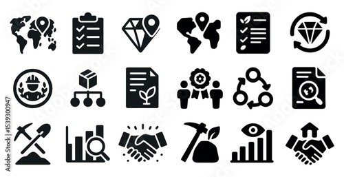 Business and strategy icons set – solid, filled, planning and management symbols