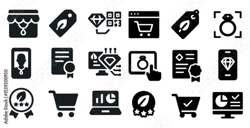 E-commerce and shopping solid icons set – filled, online marketplace symbols