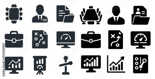 Business management solid icons set – corporate, office, project planning symbols