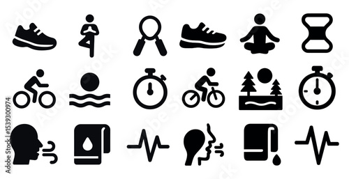 Fitness and wellness silhouette icons set – exercise, health, and meditation symbols