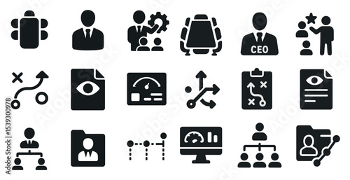 Business management solid icons set – professional, strategy and leadership symbols