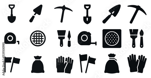 Construction tools solid icons set – filled, building, diy and repair symbols